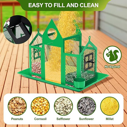 Solar Bird Feeders House for Outdoors Hanging, 7LBS Large Capacity Metal Wild Bird Feeder Squirrel Proof for Outside with Water Cup, Cardinal Birdfeeder Birdhouses Gift for Bird Lovers (Green)