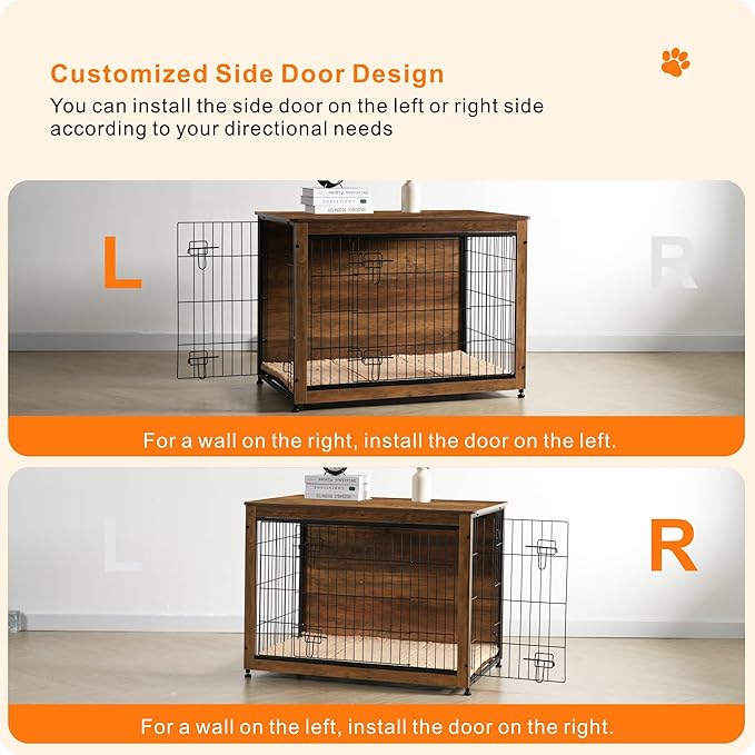DWANTON Dog Crate Furniture with Cushion, Large Wooden Dog Crate with Double Doors, Dog Furniture, Indoor Dog Kennel, Dog House, Large, 38.5" L, Warm Brown