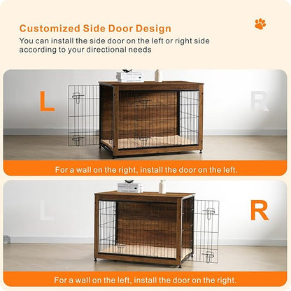 DWANTON Dog Crate Furniture with Cushion, Large Wooden Dog Crate with Double Doors, Dog Furniture, Indoor Dog Kennel, Dog House, Large, 38.5" L, Warm Brown