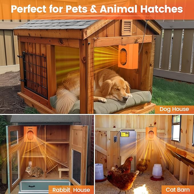 500W Dog House Heater w Thermostat, Adjustable Temp & 24H Timer Button, Outdoor Doghouse Heater for Pet Kennel, 9.8 FT Cord, Safe Animal Heated Winter for Pet Dog Cat Chicken Coop Supplies