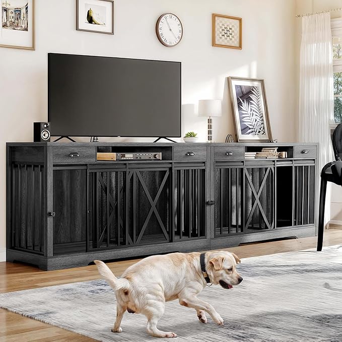 DWVO 63 Inch Double Dog Crate Furniture for 2 Dogs, Heavy Duty Wooden Dog Crate TV Stand with Charging Station, Dog Kennel Indoor Furniture Double Sliding Barn Door Design Ideal for 2 Dogs, Oak