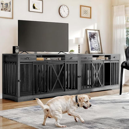 DWVO 63 Inch Double Dog Crate Furniture for 2 Dogs, Heavy Duty Wooden Dog Crate TV Stand with Charging Station, Dog Kennel Indoor Furniture Double Sliding Barn Door Design Ideal for 2 Dogs, Oak