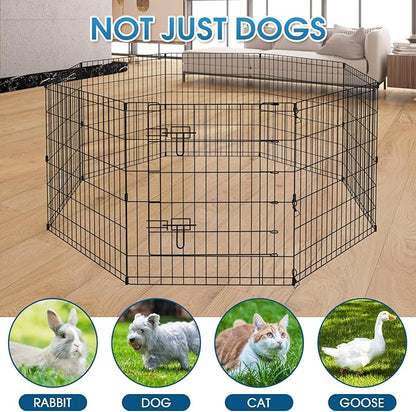 Dog Pen Pet Playpen Dog Fence Indoor Foldable Metal Wire Exercise Puppy Play Yard Pet Enclosure Indoor Outdoor 8 Panels 30 Inch with Bottom Pad/Top Cover(Black 30 top Cover)