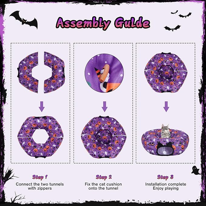 Tidjani Halloween Cat Tunnel, Cat Tunnels for Indoor Cats, Foldable Pet Donut Bed with Washable Mat and Dangling Balls, Pumpkins Spider Candy Pattern Decor, Pet Halloween Toys Gifts