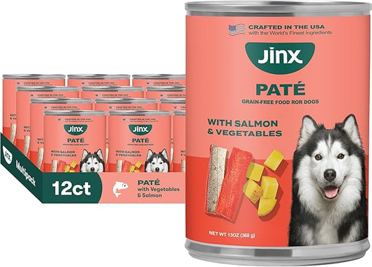 Jinx Premium Wet Dog Food Cans - Salmon Pate - Grain-Free Canned Dog Food Pate & Topper with Real Ingredients & No Fillers - All Life Stages, Breeds & Sizes - 12-Pack, 13 Oz
