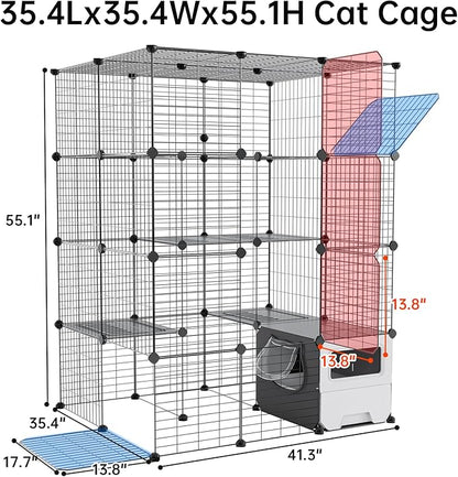 Oneluck Cat Cage with Litter Box, Large 4-Tier DIY Enclosures Detachable Metal Wire Kennel Indoor Crate Exercise Place Ideal for 1-3 Cats