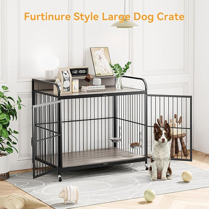 GAOMON Dog Crate Furniture, Dog Crate Indoor with Adjustable Height Bowls, Wooden Heavy Duty, 39.8 Inch Dog Kennel Furniture for Medium Dogs, 39.8" L X 22.5" W X 38.6" H,Grey