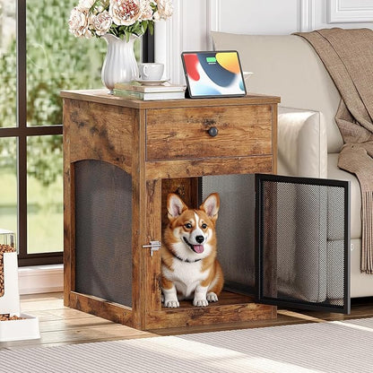 HOOBRO Dog Crate Furniture, Dog Kennel with Drawer and Charging Station, Indoor Decorative Puppy House, Wooden Pet Crate End Table for Small Dogs, Rustic Brown and Black BF58UGW03G1