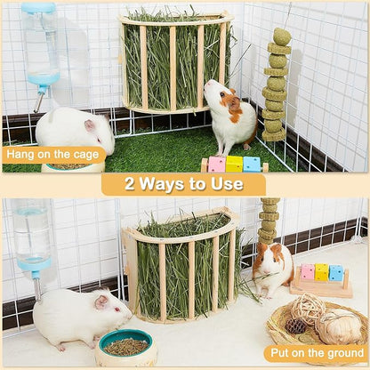 2PCS Guinea Pig Hay Feeder - Wooden Rabbit & Bunny Hay Holder Hanging Rack with Instructions - Suitable for Chinchilla, Ferret & Rabbit Cages