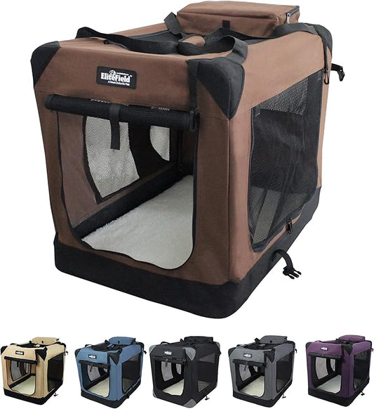 EliteField 3-Door Folding Soft Dog Crate with Carrying Bag and Fleece Bed (2 Year Warranty), Indoor & Outdoor Pet Home (24" L x 18" W x 21" H, Brown)