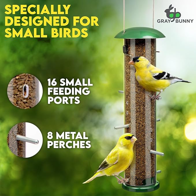 Finch Bird Feeder for Outdoors (16 Ports) Thistle & Nyjer Seed Hanging Feeder with 16 Ports and 8 Metal Perches, Chew-Proof Metal Design for Wild Birds