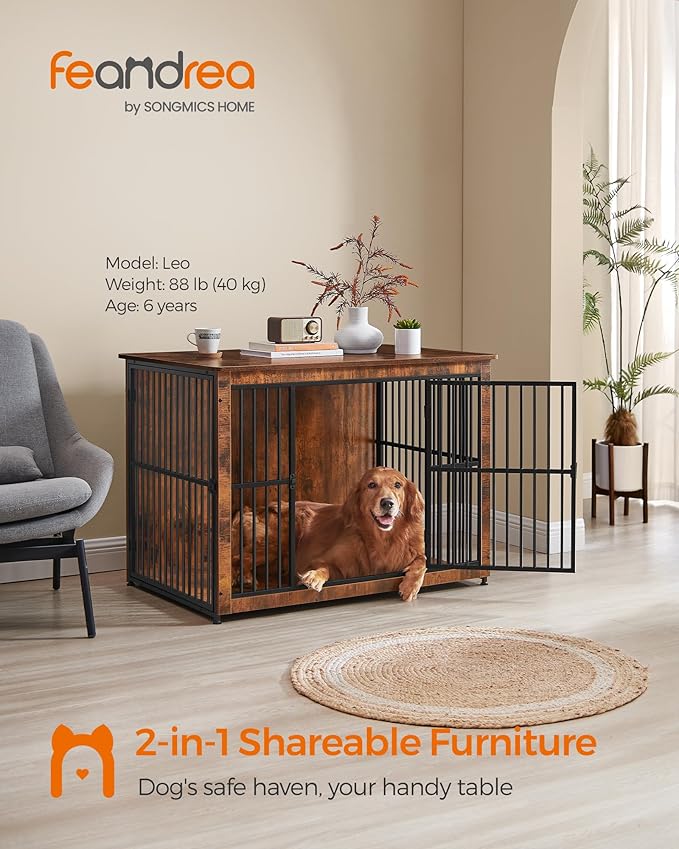 Feandrea Dog Crate Furniture, 43.3" Side End Table, Modern Kennel for Dogs Indoor up to 80 lb, Heavy-Duty Dog Cage with Enclosed Base, Double-Door Dog House, Rustic Brown UPFC024X01