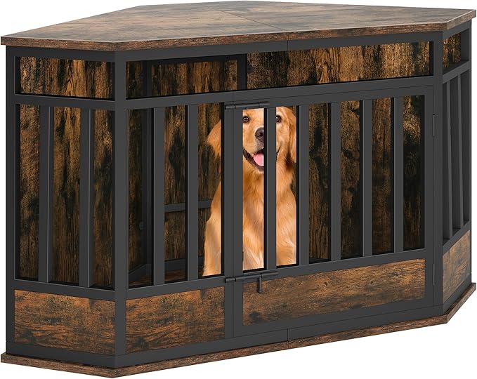 YITAHOME 52 Inch Corner Dog Crate Furniture, Heavy Duty Dog Kennel Indoor Furniture End Table Side Table Dog Crate, Modern Indoor Pet Crate Wooden Dog Crate for Large Dogs, Rustic Brown