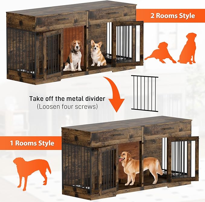 Rophefx 72" Dog Crate Furniture for 2 Dogs, Large Dog Kennel Furniture with 2 Storage Drawer and 4 Bowls, Wooden Dog Cage with Removable Divider, Indoor Dog House TV Stand for Medium Dog, Rustic Brown