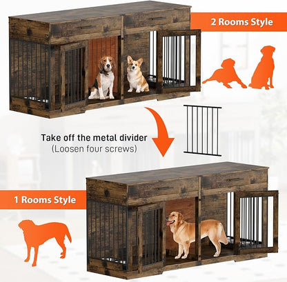 Rophefx 72" Dog Crate Furniture for 2 Dogs, Large Dog Kennel Furniture with 2 Storage Drawer and 4 Bowls, Wooden Dog Cage with Removable Divider, Indoor Dog House TV Stand for Medium Dog, Rustic Brown