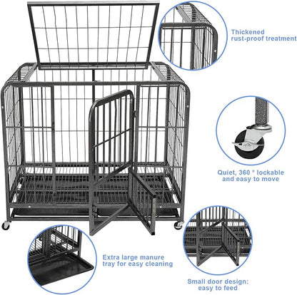 49/37/44 Inch Dog Crate, Heavy Duty Metal Dog Kennel, Indestructible, Escape Proof Dog Cage with Lockable Wheels, Indoor for Large Breed, Big Dog Cage with Removable Dog Crate Tray