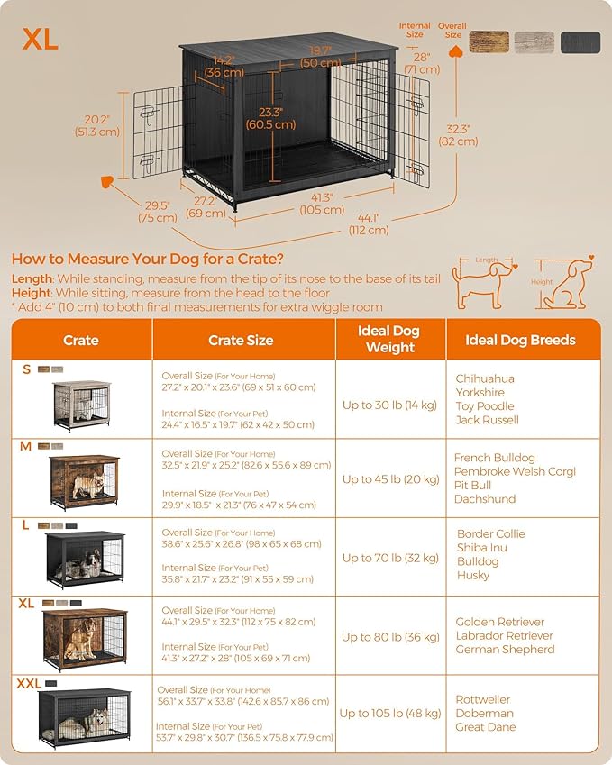 Feandrea Dog Crate Furniture, 44.1" Side End Table, Modern Kennel for Dogs Indoor up to 80 lb, Heavy-Duty Dog Cage with Multi-Purpose Removable Tray, Double-Door Dog House, Ink Black UPFC004B01