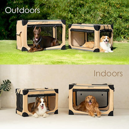 EHEYCIGA Collapsible Dog Crate 42 Inches, Portable Travel Crate for Extra Large Dogs, Soft Foldable Pet Kennel with 4-Door Mesh Windows Indoor & Outdoor, Biege