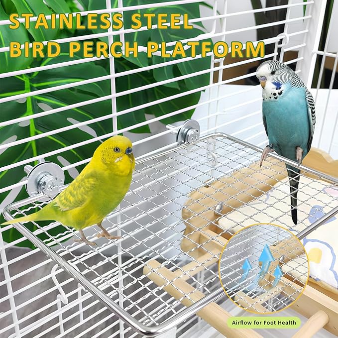 Stainless Steel Bird Perch Platform for Cage, Open-Grid Parrot Perch Stand, Easy Clean and Claw-Friendly Resting Shelf, Bird Cage Accessories for Small Medium Birds Like Parakeets, Budgie, Cockatiel