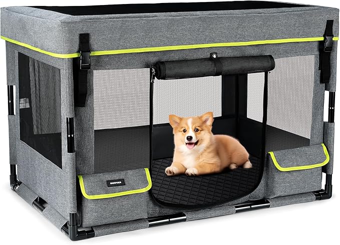 Durable Dog Playpen with Iron Frame, Heavy-Duty Pet Tent with Waterproof Base & Mesh Sides for Indoor Outdoor Use, Grey