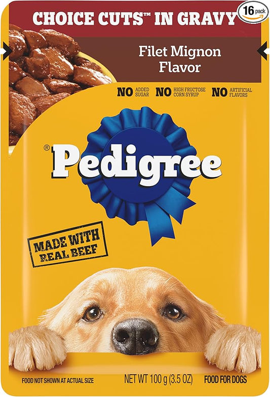 Pedigree Choice Cuts In Gravy Adult Soft Wet Dog Food, Filet Mignon Flavor, 3.5 oz Pouches (16 Count)