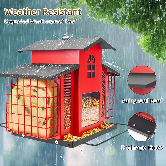 Large Bird Feeders for Outdoors Hanging,Metal Bird Feeder with Double Suet Cage Cake,Sturdy & Weatherproof,Easy to Clean & Refill,4.6Lbs Large Capacity, Great for Attracting Wild Birds,Red