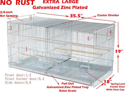 LOT of Extra Large 35.5" x 18" x 19"H No Rust Stainless Galvanized Zinc Plated Stackable Breeder Bird Flight Cage with Removable Center Divider and Breeding Nest Doors