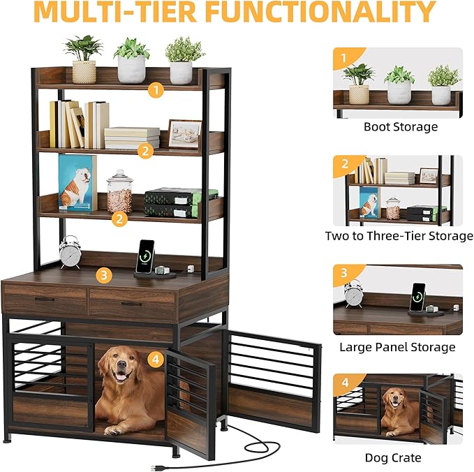 DWVO Dog Crate Furniture with Storage Shelves, Heavy Duty Dog Crate with Drawers & Charging Station, 39 Inch Dog Kennel Indoor Furniture for Large Dogs, Modern Dog Crate with Double Doors, Brown