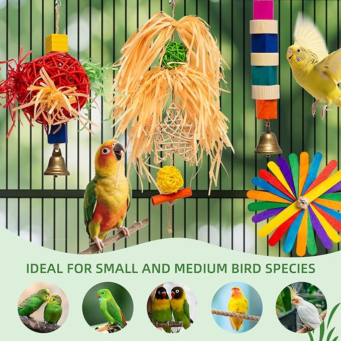 4-in-1 Hanging Bird Toy Set - Raffia Chew Balls, Wood Blocks & Bells for Foraging - Small Parrot Cage Toys for Conures, Lovebirds Under 150g (30-Day Play Guarantee)