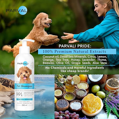 Natural Dead Sea Hypoallergenic Pet Shampoo (250 ml, 8.45 fl oz). for Puppies, Kittens or Seniors with Allergies or Sensitive, Delicate Skin. Minerals Rich, Extra-Scented Formula. Enjoy!