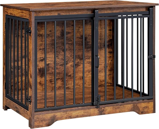 Dog Crate Furniture, 32" Double Door Dog Crate with Barn Door, Dog Kennel Indoor, End Side Table Wooden Dog Crates for Small Medium Large Dogs, Anti-Chew Anti-Escape, Rustic Brown DFC83601B