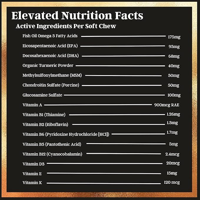 Ultra-Healthy Omega 3 Fish Oil Treats w/MSM, Glucosamine, Chondroitin, EPA/DHA for Dogs: Elevated Pets Fish Oil, Turmeric & Joint Supplement + Allergy Chews - Ultimate Dog Vitamin Supplement