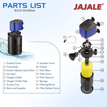 210 GPH Internal Filter Submersible Pump - 3 in 1 Aquarium Fish Tank Pump with Oxygenation, Filtration & Water Cycling, 3.3 ft max lift, 15W - 5 Pack