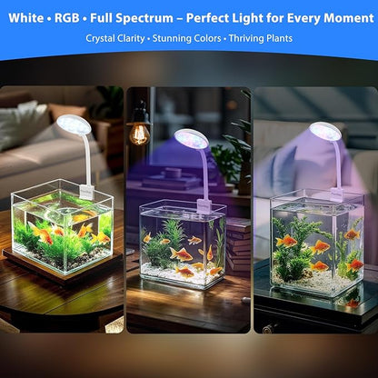 Mini Clip-On Aquarium Light 7W USB Dimmable Fish Tank Lamp with 3 Light Modes (White/RGB/Full Spectrum), 9-Level Brightness, 360° Adjustable Gooseneck for 1–3 Gallon Tanks
