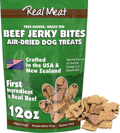Real Meat Dog Treats - 12oz Bag of Bite-Sized Air-Dried Beef Jerky for Dogs - Grain-Free Jerky Dog Treats Made up of 95% Human-Grade, Free-Range, Grass Fed Beef - All-Natural High Protein Dog Treats