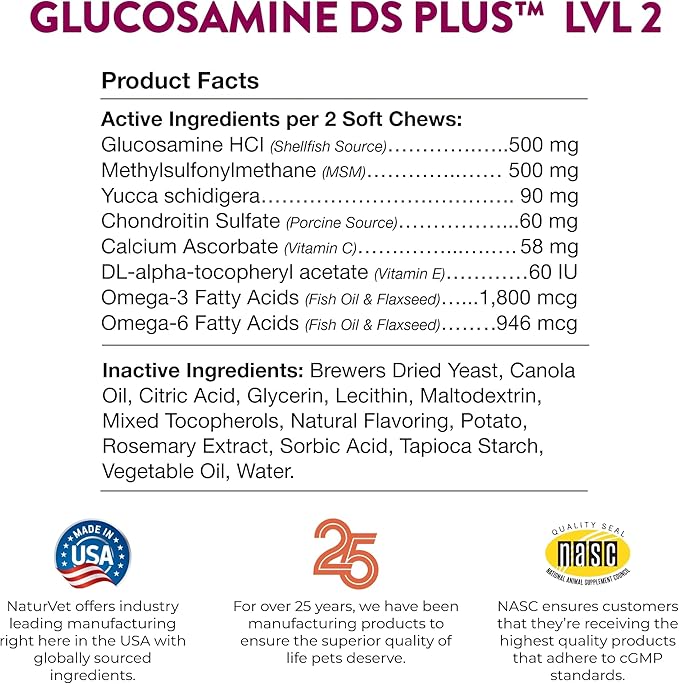 NaturVet  Glucosamine DS Plus - Level 2 Moderate Care  Supports Healthy Hip & Joint Function  Enhanced with Glucosamine, MSM & Chondroitin  for Dogs & Cats120 Soft Chews