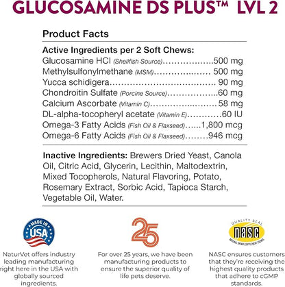 NaturVet  Glucosamine DS Plus - Level 2 Moderate Care  Supports Healthy Hip & Joint Function  Enhanced with Glucosamine, MSM & Chondroitin  for Dogs & Cats120 Soft Chews