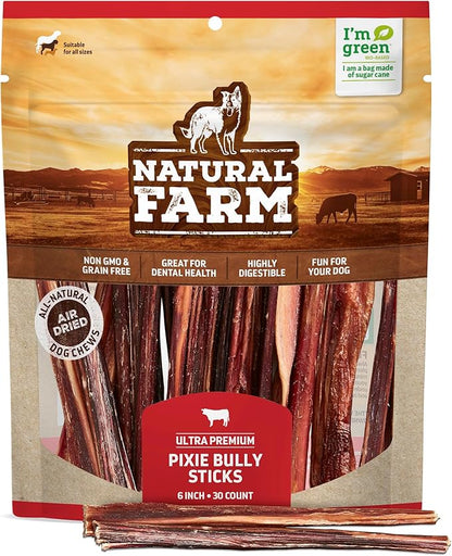 Natural Farm Bully Sticks (6 Inch, 30 Pack), Thin Pizzle Pixie Beef Treats, Grain-Free, High Protein, Best Rawhide Alternative for Small, Puppies or Senior Dogs