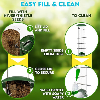 Finch Bird Feeder for Outdoors (16 Ports) Thistle & Nyjer Seed Hanging Feeder with 16 Ports and 8 Metal Perches, Chew-Proof Metal Design for Wild Birds