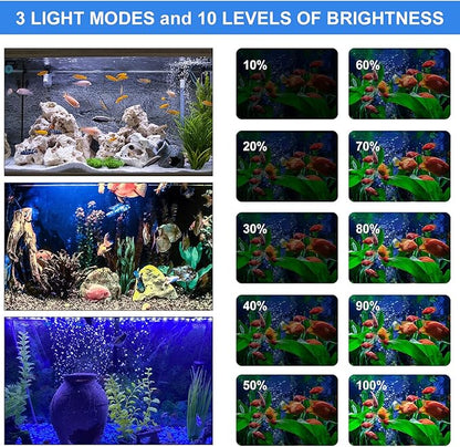 VARMHUS Submersible LED Aquarium Light,Fish Tank Light with Timer Auto On/Off Dimming Function,3 Light Modes Dimmable White-Blue,10 Brightness Levels Optional&3 Levels of timed Loop Function 11.5''
