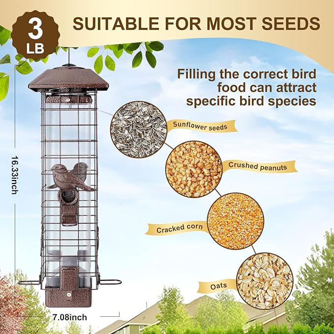 Squirrel Proof Hanging Bird Feeder for Outdoors, Gravity Protection Metal Wild Bird Feeder, 3LB Large Capacity, 4 Ports, Cardinal, Chickadee, Durable & Weatherproof, Ideal for Backyard