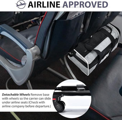 Pet Carrier with Wheels by Birch & Key – Grey Color - Airline Approved Rolling Pet Carrier – Soft Dog & Cat Travel Carrier - Small Dog Carrier – Removable Wheels - 17.5” x 12” x 12”