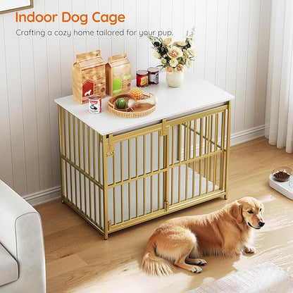 HOOBRO Dog Crate Furniture, 36.6" Heavy Duty Dog Kennel with Sliding Barn Door, Decorative Dog Crate Indoor, End Side Table for Small/Medium Dog, White and Gold DW162GW03G1