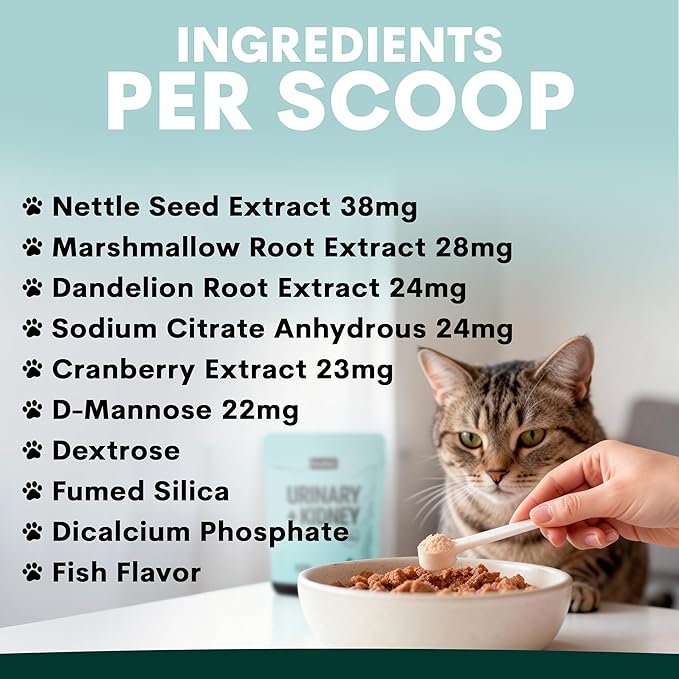 Urinary and Kidney Powder Supplement for Cats - Cranberry, Nettle Seed, D-Mannose for Cat UTI Treatment, Urinary Tract Health, and Kidney Care - Fast UTI Relief & Prevention - 60 Scoops