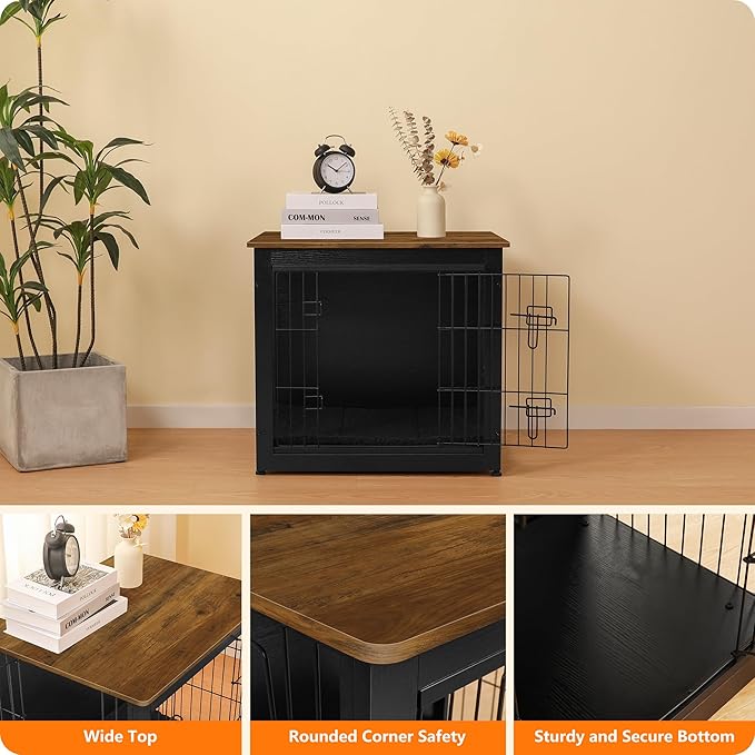 DWANTON Dog Crate Furniture with Cushion, Wooden Dog Crate with Double Doors, Dog Furniture, Dog Kennel Indoor for Small Dogï¼_nd Table, 27.2" L, Black+Warm Brown