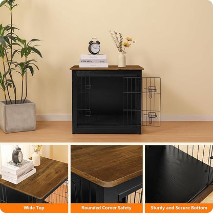 DWANTON Dog Crate Furniture with Cushion, Wooden Dog Crate with Double Doors, Dog Furniture, Dog Kennel Indoor for Small Dogï¼_nd Table, 27.2" L, Black+Warm Brown