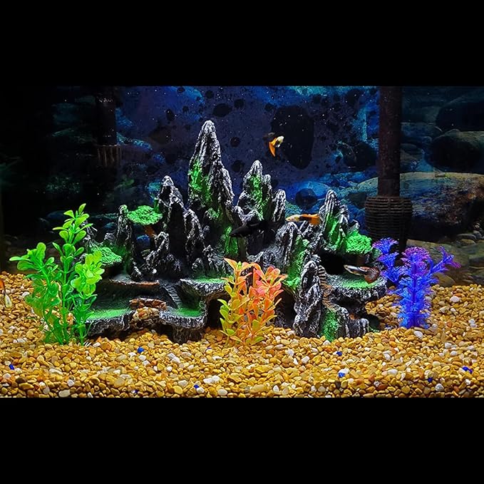 Large Fish Tank Decoration - Mountain View Aquarium Ornament with Tree House Cave Bridge Artificial Plastic Plants Large Fish Tank Decorations