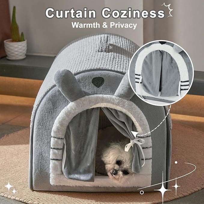 Jiupety Cat Houses for Indoor Cats, Cave Bed with Door Curtain Design, Cute Portable Beds with Reversible Washable Cushion, S Size Soft Kitty Hideaway Up to 6 lbs, Non-Slip Bottom, Grey
