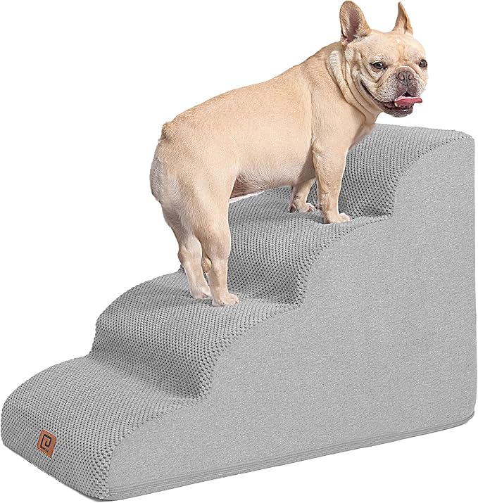 EHEYCIGA Curved Dog Stairs Ramp for High Beds 19.7" H, 4-Step Dog Steps for Small Dogs and Cats, Pet Stairs for High Bed Climbing, Non-Slip Balanced Pet Step Indoor, Light Grey