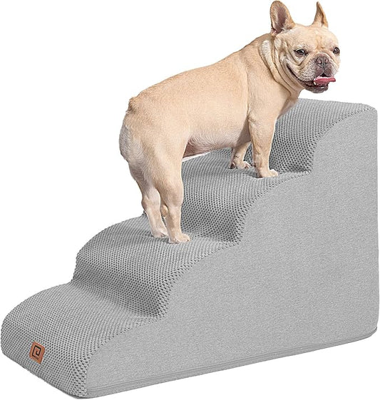 EHEYCIGA Curved Dog Stairs Ramp for High Beds 19.7" H, 4-Step Dog Steps for Small Dogs and Cats, Pet Stairs for High Bed Climbing, Non-Slip Balanced Pet Step Indoor, Light Grey